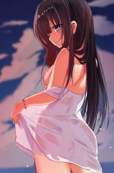 Rule 34 | 1girl, aono (f i s), ass, bare shoulders, black hair, blue eyes, blurry, blurry background, bracelet, breasts, cloud, cloudy sky, commentary request, depth of field, dress, earrings, from behind, hair between eyes, highres, jewelry, long hair, looking at viewer, looking back, medium breasts, nipples, no bra, no panties, no pants, off shoulder, original, outdoors, parted lips, see-through, sky, solo, sunset, very long hair, wet, wet clothes, wet dress, white dress
