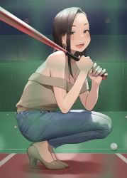 Rule 34 | 1girl, :d, aged down, ball, bare shoulders, baseball, baseball bat, blue pants, blush, breasts, brown eyes, brown footwear, brown hair, brown shirt, cleavage, commentary request, denim, eyes visible through hair, full body, ganbare douki-chan, highres, holding, holding baseball bat, jeans, jewelry, long hair, looking at viewer, medium breasts, necklace, off-shoulder shirt, off shoulder, open mouth, pants, senpai-san (douki-chan), shirt, shoes, smile, solo, squatting, teeth, upper teeth only, yomu (sgt epper)
