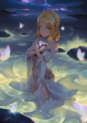 Rule 34 | 1girl, alternate costume, blonde hair, braid, bug, butterfly, hair rings, highres, insect, looking at viewer, love live!, love live! school idol festival, love live! school idol project, love live! sunshine!!, night, night sky, ocean, ohara mari, regition, scenery, see-through, short hair, signature, sky, smile, solo, star (sky), starry sky, wading, water, wet, wet clothes, yellow eyes