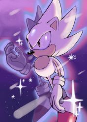 Rule 34 | 1boy, absurdres, brown eyes, flying, gloves, highres, hyper sonic, looking to the side, male focus, night, night sky, no pants, pointy nose, shoes, sky, solo, sonic (series), sonic the hedgehog, sonic the hedgehog (classic), sparkle, spiked hair, topless male, white fur, yseph6