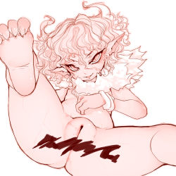 Rule 34 | 1girl, barefoot, censored, cleft of venus, fat mons, feet, female focus, highres, horns, legs up, messy hair, monster girl, noise (lesion949), nude, original, pussy, slit pupils, soles, solo, spread legs, toes, tsurime, veins