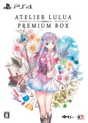 Rule 34 | 1girl, atelier (series), atelier lulua, blunt bangs, book, boots, commentary request, copyright name, cross-laced footwear, crystal, detached sleeves, elmerulia fryxell, flask, flower, frills, green eyes, highres, holding, jacket, kishida mel, knee boots, lace-up boots, logo, long hair, long sleeves, looking at viewer, miniskirt, official art, petals, ribbon, simple background, skirt, smile, solo, staff, academic test, test tube, white skirt