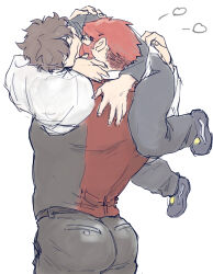 Rule 34 | 2boys, arms around neck, ass, bara, black pants, blush, carrying, carrying over shoulder, carrying person, couple, feet out of frame, glasses, heart, hug, hug from behind, kekkai sensen, kiss, klaus von reinhertz, leonardo watch, long sideburns, male focus, mature male, multiple boys, muscular, muscular male, mutton chops, nore (boosuke), pants, red hair, semi-rimless eyewear, short hair, sideburns, size difference, tusks, vest, yaoi