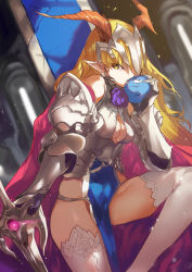 Rule 34 | 1girl, armor, blonde hair, breasts, character request, claws, cleavage, cleavage cutout, clothing cutout, copyright request, earrings, eyelashes, female focus, holding, horns, jewelry, long hair, looking at viewer, ohland, pointy ears, single horn, small breasts, solo, sword, thighhighs, weapon, white thighhighs, yellow eyes