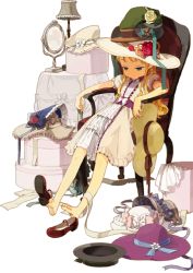 Rule 34 | 1girl, barefoot, black hat, blonde hair, blue eyes, box, brown hat, chair, child, dress, full body, green hat, hat, hat over hat, long hair, mary janes, mob cap, on box, original, purple hat, shoe dangle, shoes, simple background, sitting, solo, unworn shoes, white background, white hat