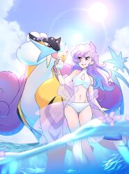 Rule 34 | 1girl, alternate costume, anabel (pokemon), bikini, blue sky, creatures (company), cup, fangs, flower, game freak, gen 2 pokemon, gen 3 pokemon, hair flower, hair ornament, highres, holding, holding cup, legendary pokemon, looking at another, navel, nintendo, ocean, pokemon, pokemon (creature), pokemon sm, purple eyes, purple flower, purple hair, raikou, red eyes, sky, smile, sun, swimsuit, tail, tongue, tongue out, vergolophus, wading, wingull