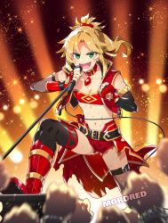 Rule 34 | 1girl, artist name, asymmetrical gloves, asymmetrical legwear, bandeau, belt, black gloves, black thighhighs, blonde hair, blurry, bracelet, braid, character name, choker, collarbone, cropped jacket, depth of field, elbow gloves, fang, fate/apocrypha, fate/grand order, fate (series), fingerless gloves, fishnet thighhighs, fishnets, french braid, gloves, green eyes, hair ornament, hair scrunchie, highres, holding, holding microphone, idol, jacket, jewelry, long hair, looking at viewer, microphone, mismatched gloves, mismatched legwear, mordred (fate), mordred (fate/apocrypha), music, navel, open mouth, parted bangs, red choker, red footwear, red gloves, red jacket, red scrunchie, red shorts, red skirt, redrop, scrunchie, shorts, shorts under skirt, singing, skirt, solo focus, sweatdrop, thighhighs, uneven gloves, uneven legwear