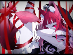 Rule 34 | 1girl, animal ear fluff, animal ears, bow, goma irasuto, highres, kitsune, long hair, multicolored hair, original, pink hair, red bow, red eyes, red hair, red ribbon, red theme, ribbon, signature, solo, straight hair, tail, two-tone hair, very long hair