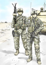 Rule 34 | 3boys, assault rifle, gun, helmet, holster, iraq, male focus, military, military vehicle, multiple boys, rifle, scope, soldier, sumisi, vehicle, weapon