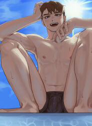 Rule 34 | 1boy, :d, absurdres, arm on knee, arm up, backlighting, black male swimwear, brown eyes, brown hair, bulge, caustics, collarbone, commentary request, covered penis, crotch seam, day, hand on own head, hand up, highres, knees up, looking at viewer, m legs, male focus, male swimwear, navel, nipples, open mouth, original, outdoors, pectorals, pool, poolside, short hair, sitting, smile, solo, spread legs, sunlight, swim briefs, teeth, upper teeth only, watanabe (nagaiiiiku), wet, wet hair