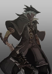 Rule 34 | 1boy, bandana, bandana over mouth, belt, bloodborne, boots, brown gloves, buttons, capelet, chain, cloak, clock, covered mouth, gloves, gradient background, green eyes, grey background, hat, holding, holding weapon, hunter (bloodborne), knee boots, long sleeves, male focus, pants, pocket watch, short hair, solo, tricorne, vandana, watch, weapon