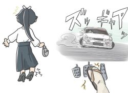 Rule 34 | 1girl, alternate costume, black hair, black skirt, car, commentary request, dress shirt, driving, ferret-san, foot pedal, from behind, highres, houshou (kancolle), kantai collection, long hair, long skirt, motor vehicle, multiple views, ponytail, sandals, shirt, skirt, vehicle request, white shirt