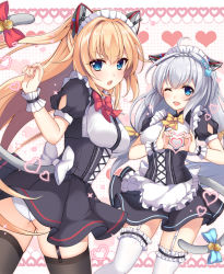 Rule 34 | 2girls, ;d, ahoge, alternate costume, animal ears, apron, ass, bell, black dress, black legwear, blonde hair, blue bow, blue eyes, blue ribbon, blush, bow, braid, breasts, cat ears, cat girl, cat tail, claxton (warship girls r), commentary request, dress, dyson (warship girls r), enmaided, fingernails, frilled apron, frilled legwear, frills, garter straps, hair between eyes, hair bow, hair ribbon, hand up, hands up, hasu (velicia), heart, heart hands, highres, jingle bell, kemonomimi mode, long hair, low twintails, maid, maid headdress, mechanical ears, medium breasts, moe moe kyun!, multiple girls, one eye closed, open mouth, panties, pleated dress, puffy short sleeves, puffy sleeves, red bow, ribbon, short sleeves, silver hair, small breasts, smile, sparkle, tail, tail bell, tail bow, tail ornament, thighhighs, twintails, two side up, underwear, very long hair, waist apron, warship girls r, white apron, white legwear, white panties, wrist cuffs, yellow bow