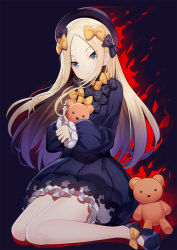 Rule 34 | 1girl, abigail williams (fate), black bow, black dress, black footwear, blonde hair, blue eyes, bow, closed mouth, dress, expressionless, fate/grand order, fate (series), forehead, frills, hair bow, highres, knees together feet apart, long hair, long sleeves, looking at viewer, multiple hair bows, polka dot, polka dot bow, puffy long sleeves, puffy sleeves, ririko (zhuoyandesailaer), shoes, sidelocks, sitting, solo, stuffed animal, stuffed toy, teddy bear, thighs, wariza, yellow bow