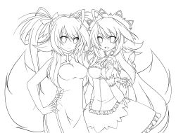Rule 34 | 2girls, ahoge, bad id, bad pixiv id, breasts, china dress, chinese clothes, dress, fox tail, gothic lolita, greyscale, highres, lineart, lolita fashion, long hair, looking at viewer, maid, medium breasts, monochrome, multiple girls, open mouth, original, ribbon, smile, syno, tail, twintails