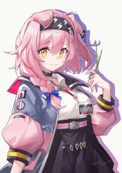 Rule 34 | 1girl, absurdres, animal ears, arknights, black choker, black hairband, black skirt, blue bow, bow, braid, breasts, cat ears, choker, commentary request, goldenglow (arknights), grey background, hair between eyes, hair bow, hairband, hand up, highres, holding, holding scissors, id card, jacket, lanyard, lightning bolt print, long hair, long sleeves, looking at viewer, medium breasts, open clothes, open jacket, scissors, shirt, simple background, sing shuixing, single braid, skirt, smile, solo, upper body, white shirt, yellow eyes