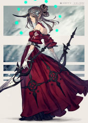 Rule 34 | 1girl, absurdres, arm strap, artist name, bare shoulders, breasts, brown hair, closed mouth, detached collar, dress, dual wielding, earrings, from side, gloves, hair up, highres, holding, horns, jewelry, kusano shinta, light smile, long dress, long hair, looking at viewer, medium breasts, off-shoulder dress, off shoulder, original, red dress, sash, single horn, smile, solo, standing, sword, tiara, weapon, white gloves, yellow eyes
