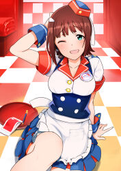 Rule 34 | 1girl, amami haruka, apron, arm support, arm up, blue corset, blue skirt, blue wrist cuffs, blush, bow, breasts, brown hair, burger skater (idolmaster), chair, checkered floor, cleavage, collarbone, corset, dot nose, frilled apron, frills, green eyes, hair bow, hair ribbon, hat, highres, idolmaster, idolmaster (classic), idolmaster million live!, idolmaster million live! theater days, indoors, knee up, looking at viewer, medium breasts, momo no suidou-sui, notebook, one eye closed, open mouth, pen, pleated skirt, ribbon, shirt, short hair, short sleeves, sitting, skirt, smile, solo, tray, two-tone headwear, underbust, waist apron, white apron, white ribbon, white shirt, wrist cuffs