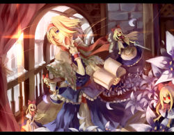 Rule 34 | 1girl, alice margatroid, blonde hair, blue dress, book, capelet, doll, dress, female focus, flying, grimoire, hairband, hikariz, letterboxed, looking at viewer, open book, red eyes, shanghai doll, solo, touhou, yellow eyes