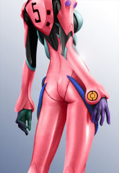 Rule 34 | 1girl, aaron page, ass, back, flat ass, gradient background, head out of frame, makinami mari illustrious, neon genesis evangelion, plugsuit, solo