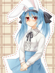 Rule 34 | 1girl, animal ears, bad id, bad pixiv id, blue hair, rabbit ears, chroma000, chroma (chroma000), hair ribbon, hairband, long hair, looking at viewer, original, pleated skirt, red eyes, ribbon, skirt, solo, twintails