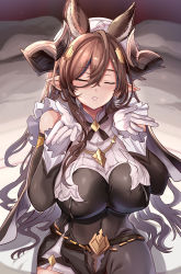 Rule 34 | 1girl, animal ears, blush, breasts, brown hair, closed eyes, galleon (granblue fantasy), gloves, granblue fantasy, hair between eyes, hands up, highres, himuro shunsuke, horns, large breasts, long sleeves, parted lips, sitting, white gloves, white headwear