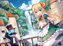 Rule 34 | 1boy, 1girl, apron, belt, bird, blonde hair, blue sky, blush, bow, bowtie, bracelet, building, copyright request, day, dress, dutch angle, facial hair, frilled apron, frilled dress, frills, green dress, green eyes, hair ornament, hat, jacket, jewelry, long hair, looking at viewer, mustache, open clothes, open jacket, outdoors, outstretched arms, pantyhose, puffy short sleeves, puffy sleeves, shirt, short sleeves, sky, spread arms, top hat, tree, usagihime, water, waterfall, white pantyhose, white shirt