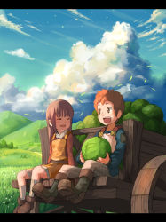 Rule 34 | 1boy, 1girl, :d, ^ ^, bad id, bad pixiv id, boots, brown eyes, brown hair, cabbage, cart, child, closed eyes, cloud, day, grass, happy, hill, landscape, letterboxed, nigoro, open mouth, orange hair, original, outdoors, scenery, sitting, sky, smile, wagon