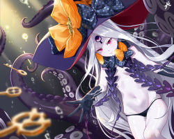 Rule 34 | 1girl, abigail williams (fate), abigail williams (third ascension) (fate), absurdres, black bow, black gloves, black panties, blurry, bow, depth of field, fate/grand order, fate (series), gdd (vkejr702), gloves, hat, highres, key, keyhole, navel, orange bow, pale skin, panties, pink eyes, revealing clothes, skull print, star (symbol), star print, tentacles, third eye, underwear, witch hat