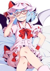 Rule 34 | 1girl, :d, adapted costume, adjusting eyewear, bat wings, bed sheet, bespectacled, blue hair, blush, bow, bowtie, brown-framed eyewear, center frills, commentary request, crossed legs, eichi yuu, fangs, foreshortening, frilled shirt collar, frilled sleeves, frills, glasses, grin, hair between eyes, hand on own hip, hat, hat ribbon, head tilt, highres, looking at viewer, mob cap, open mouth, pajamas, pillow, pink hat, pointy ears, puffy short sleeves, puffy sleeves, purple wings, red bow, red bowtie, red eyes, red ribbon, remilia scarlet, revision, ribbon, short hair, short sleeves, sitting, smile, solo, teeth, touhou, tsurime, wings