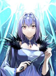 Rule 34 | 1girl, bare shoulders, breasts, cleavage, detached collar, dress, fate/grand order, fate (series), feather trim, hair between eyes, highres, jewelry, kino kokko, large breasts, long hair, long sleeves, looking at viewer, pendant, purple dress, purple hair, red eyes, scathach (fate), scathach skadi (fate), smile, solo, tiara, wand