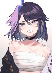 Rule 34 | 1girl, ahoge, bandages, bare shoulders, black choker, blue eyes, breasts, chest sarashi, choker, cleavage, commentary request, gradient background, grey background, grin, hair between eyes, head tilt, highres, indie virtual youtuber, isuka, kson, large breasts, looking at viewer, off shoulder, purple hair, sarashi, short hair, smile, solo, strapless, tube top, upper body, virtual youtuber, white background