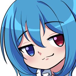 Rule 34 | 1girl, :3, blue eyes, blue hair, bmkro, close-up, closed mouth, commentary, commission, english commentary, heterochromia, light blush, lowres, raised eyebrows, red eyes, smile, smug, solo, tatara kogasa, touhou, transparent background, upper body