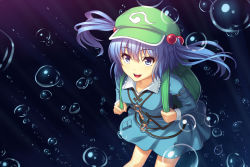 Rule 34 | 1girl, athrun1120, backpack, bag, blue eyes, blue hair, hair bobbles, hair ornament, hat, highres, kawashiro nitori, key, matching hair/eyes, open mouth, short hair, smile, solo, touhou, twintails, two side up