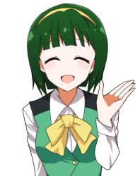 Rule 34 | 1girl, :d, ^ ^, blush, breasts, closed eyes, facing viewer, green hair, idolmaster, idolmaster (classic), kidachi, medium breasts, mole, mole under mouth, open mouth, otonashi kotori, simple background, smile, solo, white background