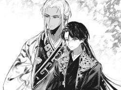 Rule 34 | 2boys, bishounen, character request, chinese commentary, closed mouth, commentary request, dark-skinned male, dark skin, feather print, haori, happy, height difference, highres, japanese clothes, juuni kokuki, kimono, light smile, long hair, long sleeves, looking at viewer, male focus, multiple boys, qiliang yubaichuan, simple background, smile, thick eyebrows, upper body, very long hair