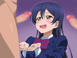 Rule 34 | 1girl, 2boys, blue hair, blush, bow, bowtie, breasts, censored, clothed female nude male, erection, hands together, long hair, looking at another, love live!, love live! school idol project, mosaic censoring, multiple boys, nude, open mouth, penis, school uniform, silver meteor, simple background, solo focus, sonoda umi, standing, sweatdrop, upper body, yellow eyes