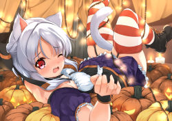 Rule 34 | 1girl, animal ears, between legs, black footwear, boots, braid, breasts, cat ears, cat girl, cat tail, commentary request, cross-laced footwear, detached sleeves, fang, frilled skirt, frills, from behind, garter straps, grey hair, highres, jack-o&#039;-lantern, lace-up boots, looking at viewer, looking back, lying, on back, one eye closed, open mouth, original, pleated skirt, puffy short sleeves, puffy sleeves, purple skirt, purple sleeves, red eyes, rope, short sleeves, skindentation, skirt, small breasts, solo, sora (silent square), striped clothes, striped thighhighs, tail, tail between legs, thighhighs, thighhighs under boots, wavy mouth, wrist cuffs