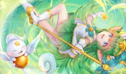 Rule 34 | 1girl, alternate costume, alternate hair color, alternate hairstyle, blue eyes, gloves, green hair, league of legends, lulu (league of legends), magical girl, pix (league of legends), pointy ears, staff, star guardian (league of legends), star guardian lulu, yordle