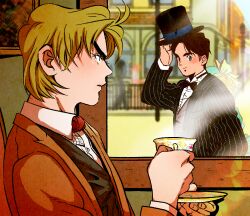 Rule 34 | 1girl, 2boys, black bow, black bowtie, black hair, blonde hair, blue eyes, bow, bowtie, brown jacket, commentary request, cup, dio brando, formal, green headwear, hat, hat tip, holding, holding cup, holding saucer, jacket, jojo no kimyou na bouken, jonathan joestar, mugicha (zoro1132), multiple boys, phantom blood, saucer, smile, steam, striped clothes, striped jacket, suit, teacup, top hat, traditional bowtie, v-shaped eyebrows, window