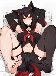 Rule 34 | 1girl, ahoge, animal ear fluff, animal ears, arms up, barefoot, bed sheet, black hair, black shirt, black shorts, blush, braid, breasts, cameltoe, closed mouth, detached sleeves, ear piercing, fox ears, fox tail, frown, glasses, highres, hololive, kurokami fubuki, large breasts, looking at viewer, lying, nail polish, navel, neckerchief, no shoes, on back, on bed, piercing, pillow, red eyes, red neckerchief, shirt, short shorts, shorts, single braid, single thighhigh, solo, tail, thighhighs, toenail polish, toenails, varniskarnis, virtual youtuber