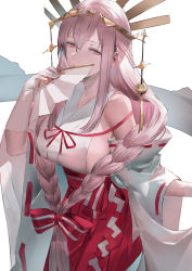 Rule 34 | 1girl, alchemy stars, bare shoulders, blazpu, braid, breasts, covering own mouth, detached sleeves, folding fan, gloves, hair ornament, hakama, hand fan, hand up, highres, holding, holding fan, japanese clothes, kimono, large breasts, long hair, looking at viewer, pink eyes, pink hair, red ribbon, ribbon, rinne (alchemy stars), sideboob, simple background, sleeveless, sleeveless kimono, solo, twin braids, upper body, white background, white gloves, white kimono