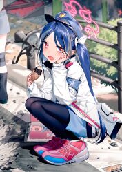 Rule 34 | 2girls, :d, black pantyhose, blew andwhite, blue archive, blue hair, blue headwear, commentary request, doughnut, food, fubuki (blue archive), hair ornament, hair ribbon, hairclip, halo, hat, heart, heart hair ornament, highres, holding, holding food, jacket, long hair, long sleeves, looking at viewer, multiple girls, open mouth, pantyhose, red eyes, red footwear, revision, ribbon, shoes, smile, sneakers, solo focus, squatting, twintails, white jacket, white ribbon