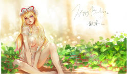 Rule 34 | 1girl, absurdres, blonde hair, blurry, blush, bow, breasts, cleavage, dappled sunlight, depth of field, female focus, field, happy birthday, hat, hat ribbon, highres, ivy, kamachi kamachi-ko, large breasts, leaf, legs, lips, long hair, long legs, looking at viewer, mob cap, navel, no bra, nose, open clothes, open shirt, outdoors, purple eyes, ribbon, see-through, shirt, short sleeves, sitting, slit pupils, solo, sunlight, thighs, touhou, v arms, yakumo yukari