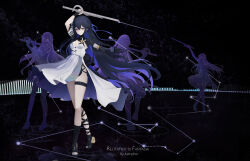 Rule 34 | 1girl, absurdres, artist name, asymmetrical legwear, black gloves, black hair, blue hair, breasts, cleavage, colored inner hair, constellation, dress, fingerless gloves, flute, gloves, highres, holding, holding instrument, instrument, kampher (yekxiong), long hair, mechanical arms, multicolored hair, playing flute, punishing: gray raven, selena (punishing: gray raven), sidelocks, single mechanical arm, small breasts, thigh strap, white dress