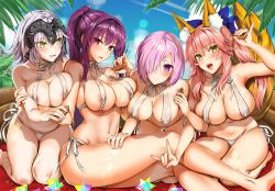 Rule 34 | 4girls, alternate costume, animal ear fluff, animal ears, areola slip, armor, bare legs, bare shoulders, beach, beach mat, bikini, bikini bottom only, blue bikini, blue sky, blush, bottle, breasts, cleavage, cloud, collarbone, commentary request, day, fate/grand order, fate (series), fox ears, fox tail, hair between eyes, hair over one eye, hand on another&#039;s thigh, headpiece, holding, holding another&#039;s arm, holding bottle, jeanne d&#039;arc (fate), jeanne d&#039;arc alter (avenger) (fate), jeanne d&#039;arc alter (fate), kneeling, kojima saya, large breasts, locked arms, long hair, looking at another, looking at viewer, lotion, mash kyrielight, multiple girls, navel, ocean, open mouth, outdoors, palm tree, pink hair, pouring, purple eyes, purple hair, red eyes, scathach (fate), seiza, shiny skin, short hair, sideways glance, silver hair, sitting, sky, sling bikini top, smile, sparkle, stomach, sunscreen, swimsuit, tail, tamamo (fate), tamamo no mae (swimsuit lancer) (fate), thighs, tree, very long hair, white bikini, yellow eyes