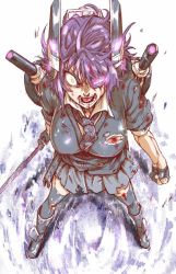 Rule 34 | 10s, 1girl, angry, aura, bleeding, blood, blood from mouth, blood in mouth, blood on clothes, blood on face, boots, breasts, clenched hand, constricted pupils, eyepatch, fingerless gloves, full body, furious, gloves, holding, holding sword, holding weapon, injury, kantai collection, large breasts, messy hair, perspective, purple hair, screaming, short hair, simple background, skirt, solo, sword, tenryuu (kancolle), thighhighs, torichamaru, torn clothes, turret, weapon, white background, yellow eyes, zettai ryouiki