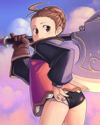 Rule 34 | 1girl, 7th dragon, 7th dragon (series), adjusting clothes, adjusting panties, ass, axe, battle axe, bowieknife, brown eyes, brown hair, buruma, fighter (7th dragon), huge weapon, looking back, moiko (7th dragon), panties, smile, solo, sunset, underwear, weapon, white panties