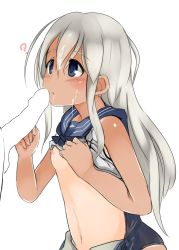 Rule 34 | 10s, 1girl, ?, blue eyes, blush, bobu (bovyo222), breasts, clothes lift, crop top, cum, facial, flat chest, kantai collection, long hair, navel, nipples, one-piece tan, open clothes, open mouth, penis, ro-500 (kancolle), school swimsuit, school uniform, serafuku, shirt lift, silver hair, small breasts, solo focus, swimsuit, tan, tanline