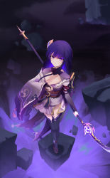 Rule 34 | 1girl, absurdres, armor, blunt bangs, bow, bowtie, braid, breasts, bridal gauntlets, cleavage, collarbone, commentary request, fisheye, from above, genshin impact, hair ornament, highres, holding, holding polearm, holding weapon, japanese clothes, long hair, long sleeves, looking at viewer, looking up, low ponytail, mitsudomoe (shape), mole, mole under eye, naginata, obi, polearm, purple eyes, purple hair, qixia, raiden shogun, sash, shoulder armor, sidelocks, single braid, solo, thighhighs, tomoe (symbol), v-shaped eyebrows, vision (genshin impact), weapon, wide sleeves, zettai ryouiki